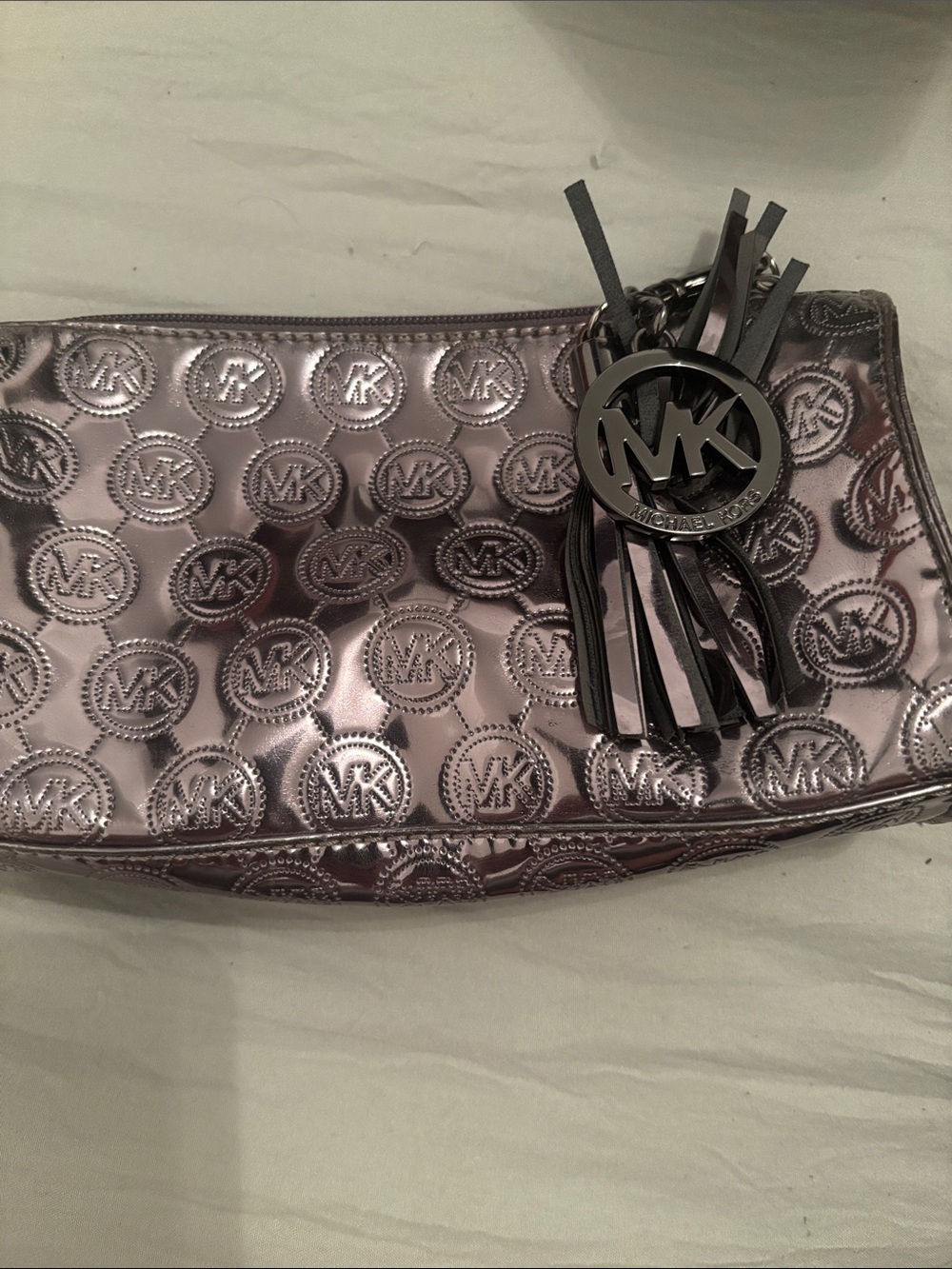 Michael Kors Metallic gray MK Logo Wristlet with Tassel